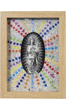 &quot;Dame&quot; Collage de confettis d'origines diverses sur vitre recouvrant la reproduction d'une icone religieuse.Pi&amp;egrave;ce unique 13x18cm.&amp;nbsp;2018